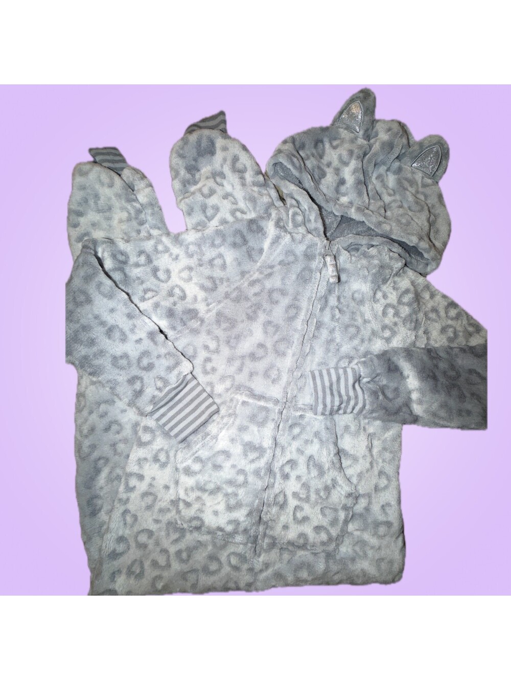More Than Magic Girls S 6/6X Gray Leopard Cat Hooded Fleece Pajama One Piece